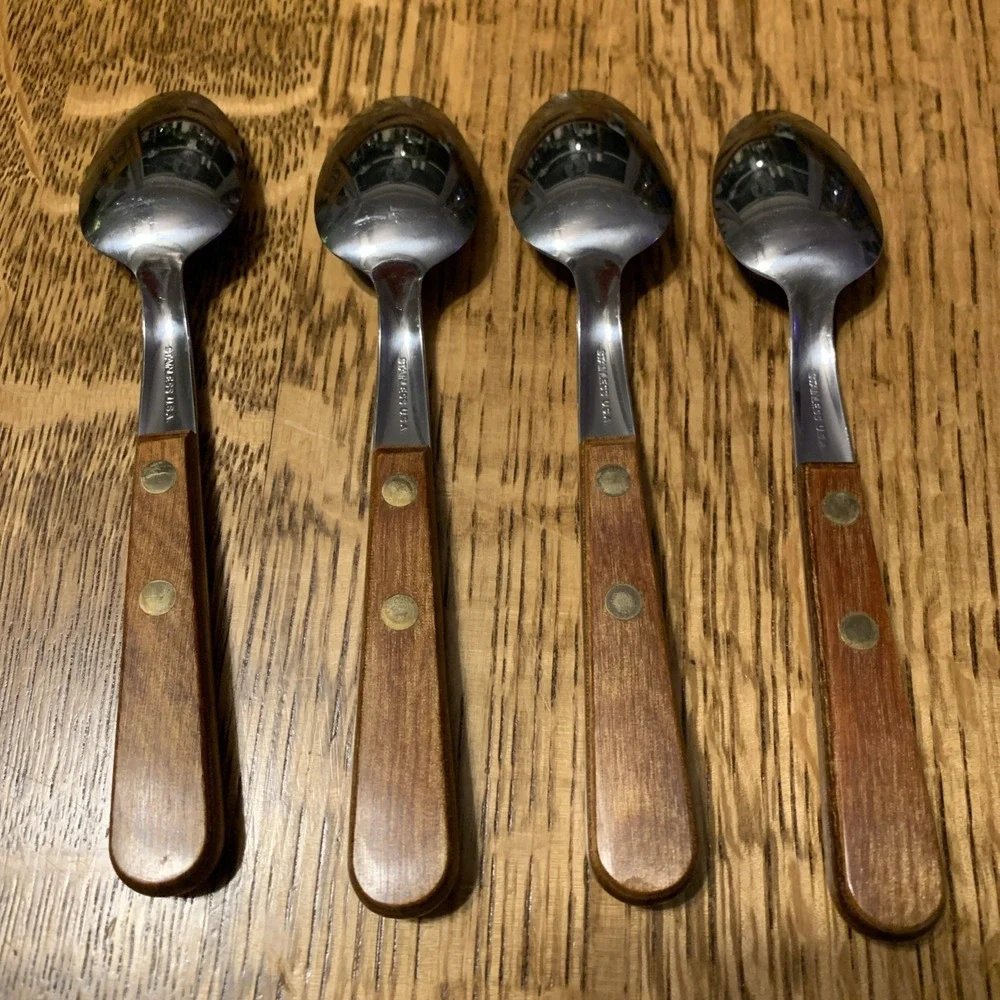 Set of 4 Teaspoons MCM Tableware Set /Wood Handles Stainless Usa‎